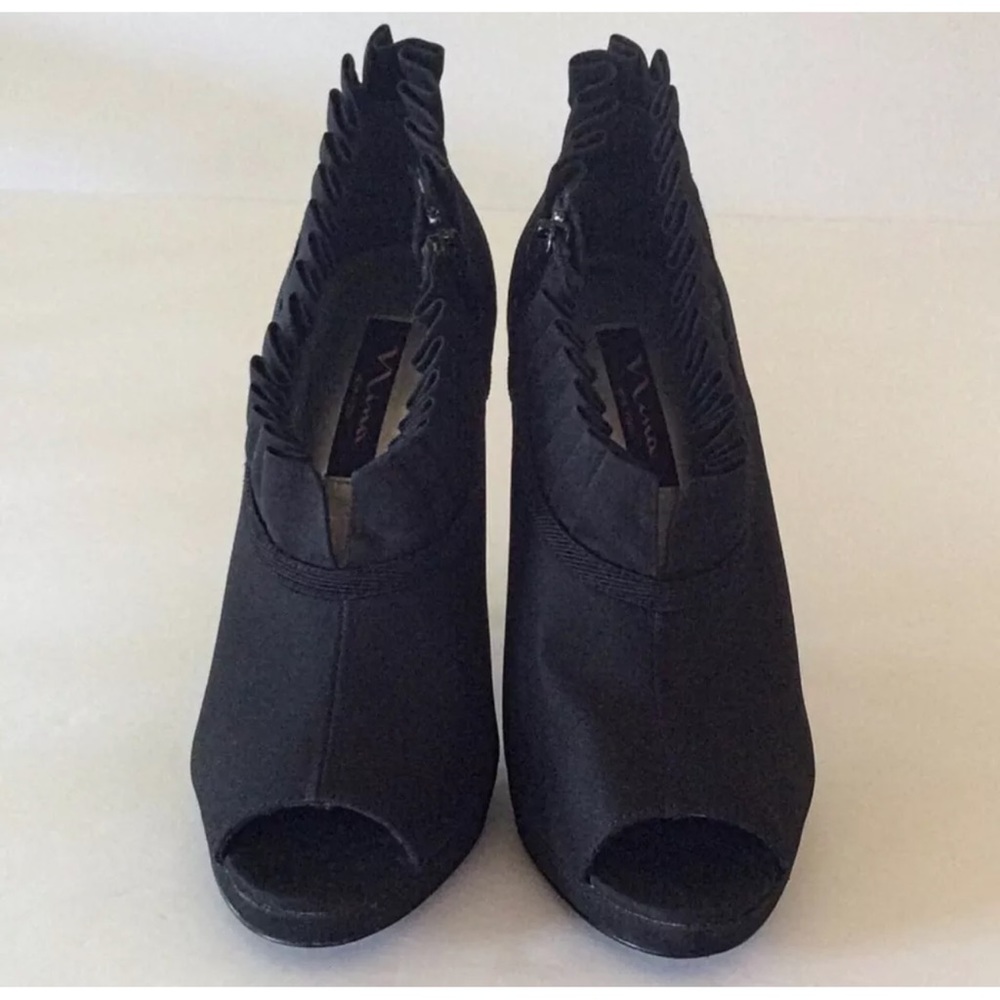 NINA RUCHED SATIN OPEN TOE FASHION PLATFORM BOOTIES SHOES HEELS 7.5
